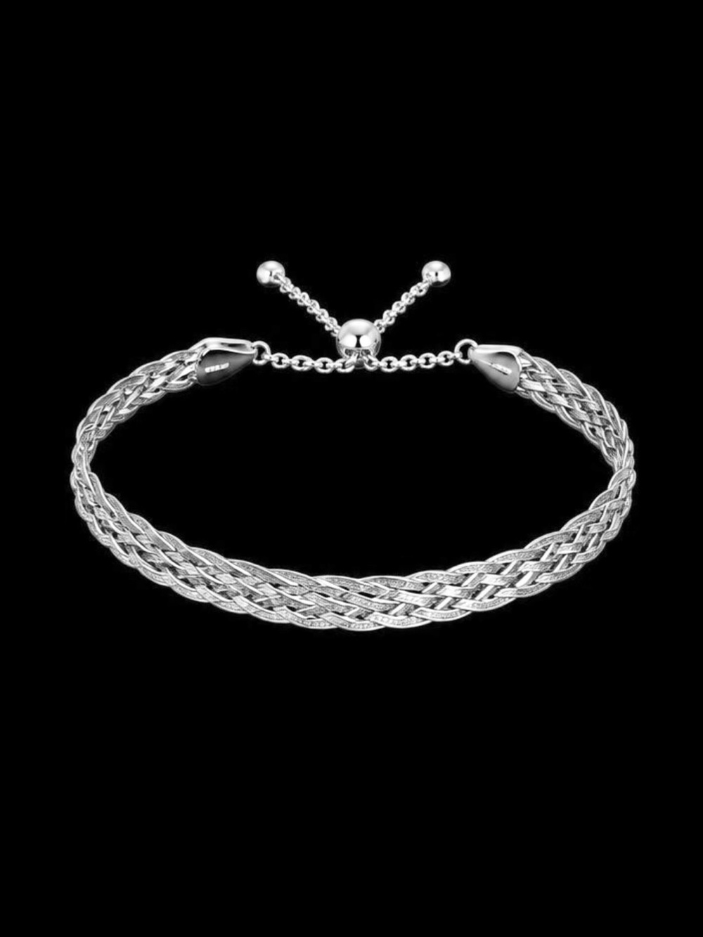 Italian Sterling Silver Diamond Cut Braided Herringbone Bolo Bracelet